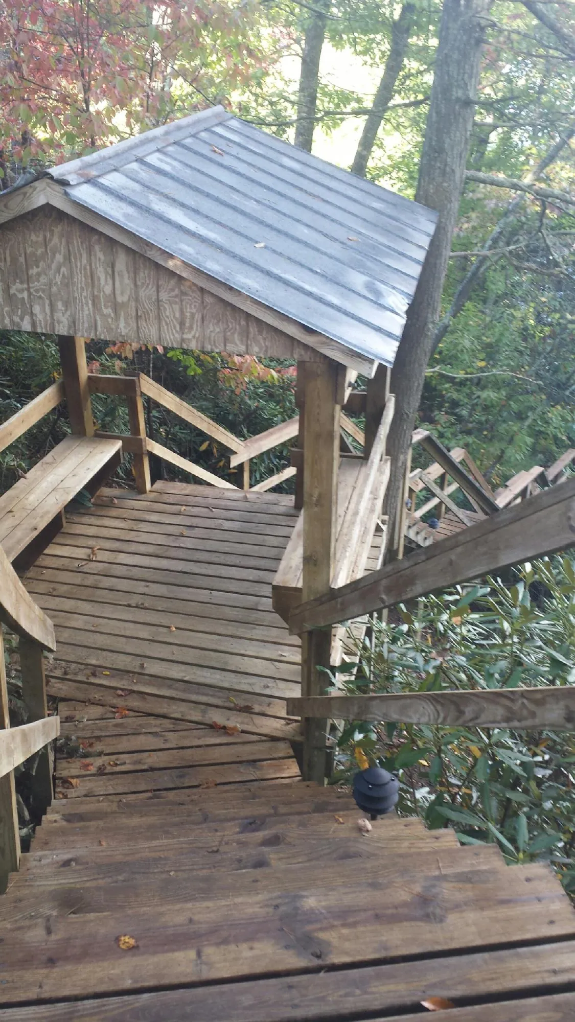 Metal roofed shelter over wooden steps on a wooded walkway — Skylight Repair & Installation work by our crew in Meeker